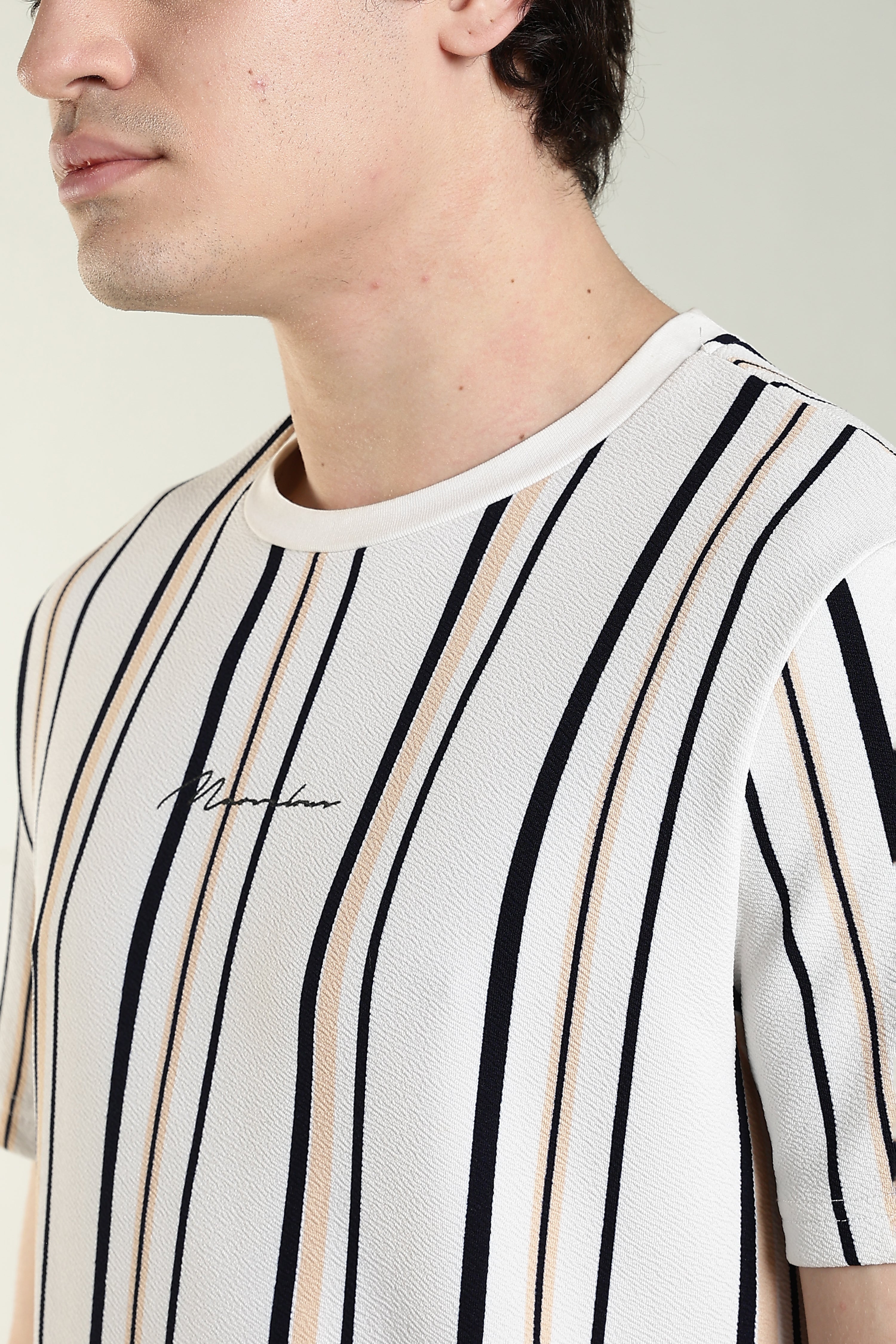 Striped Casual T-Shirt – White with Black & Beige Stripes