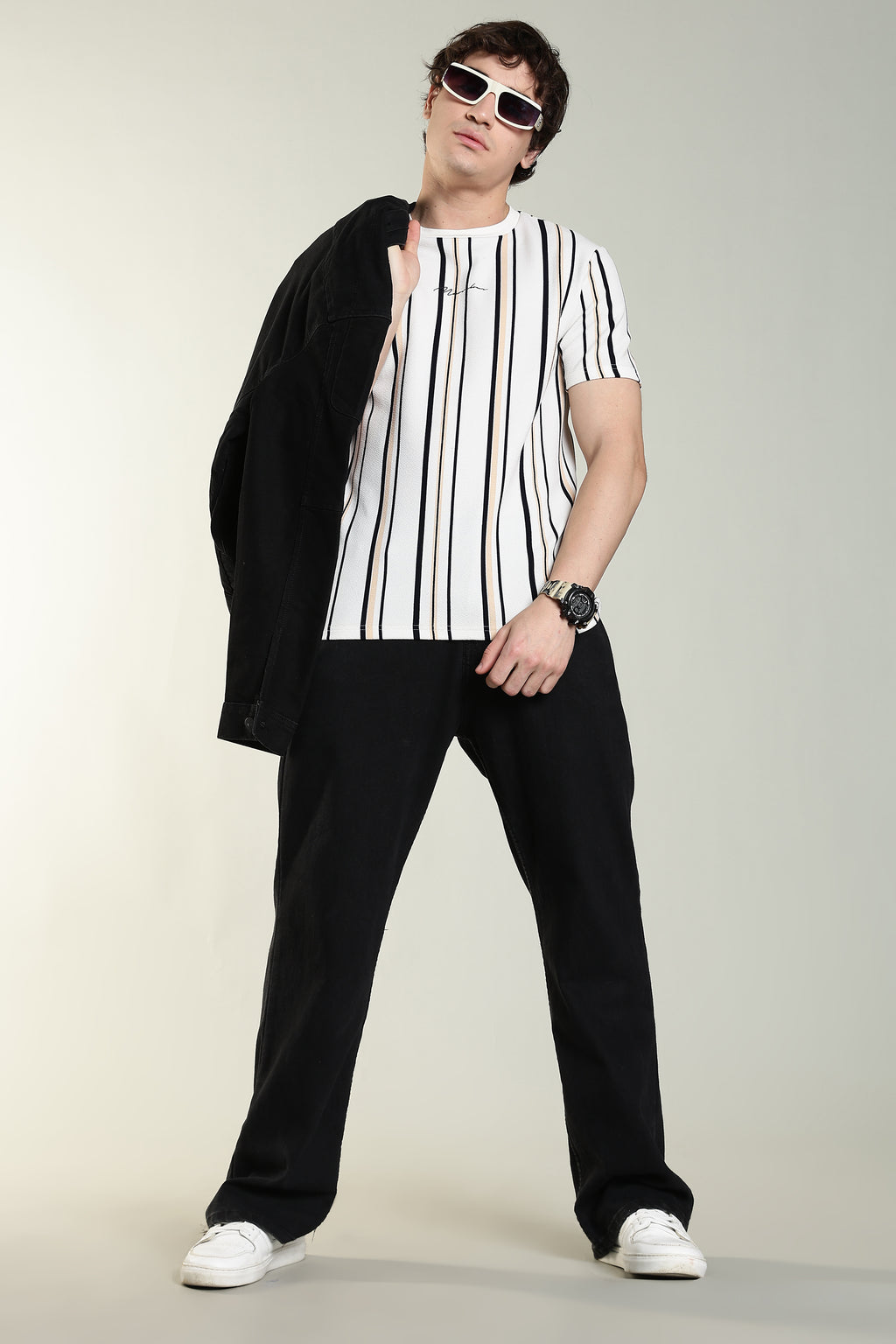 Striped Casual T-Shirt – White with Black & Beige Stripes