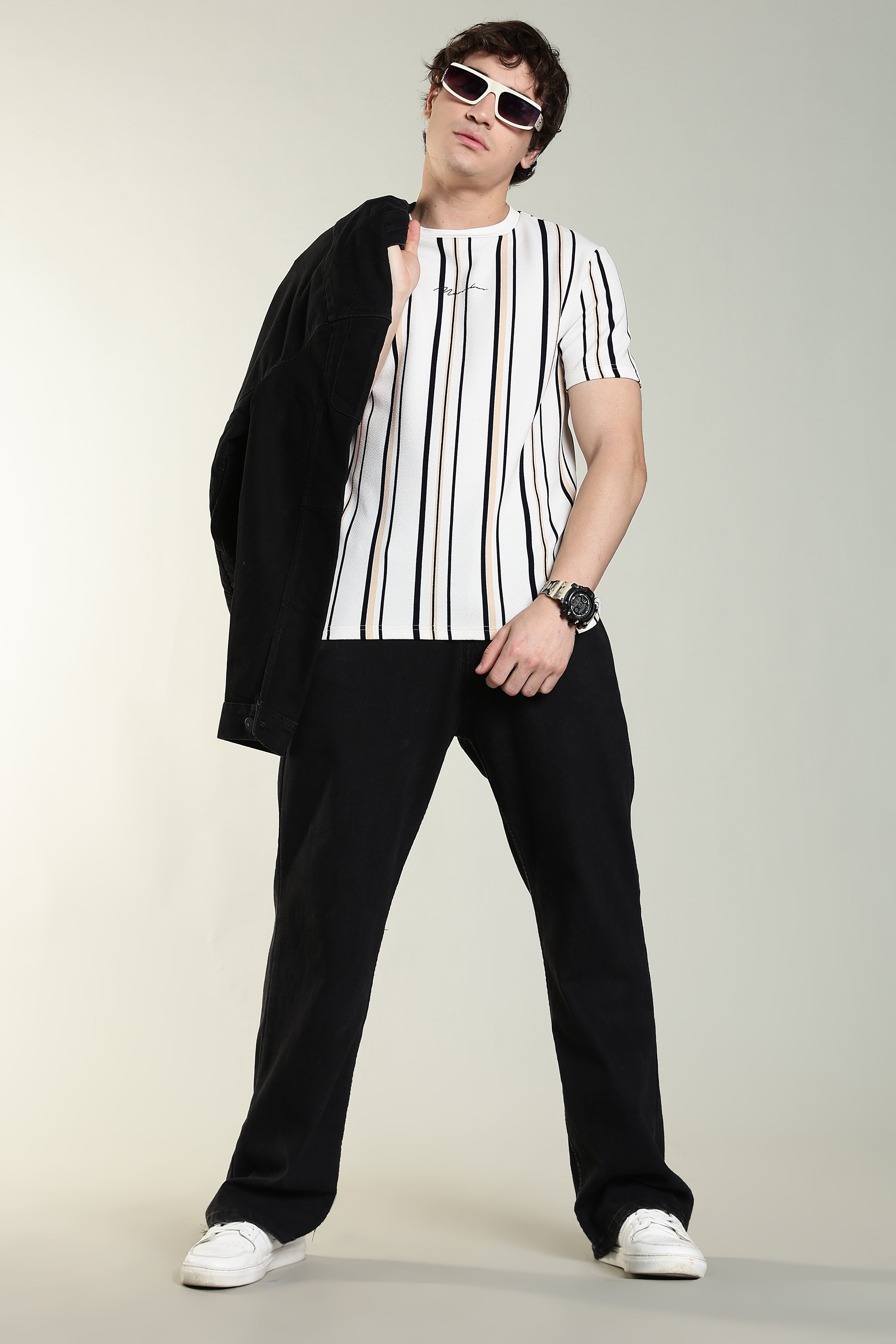 Striped Casual T-Shirt – White with Black & Beige Stripes