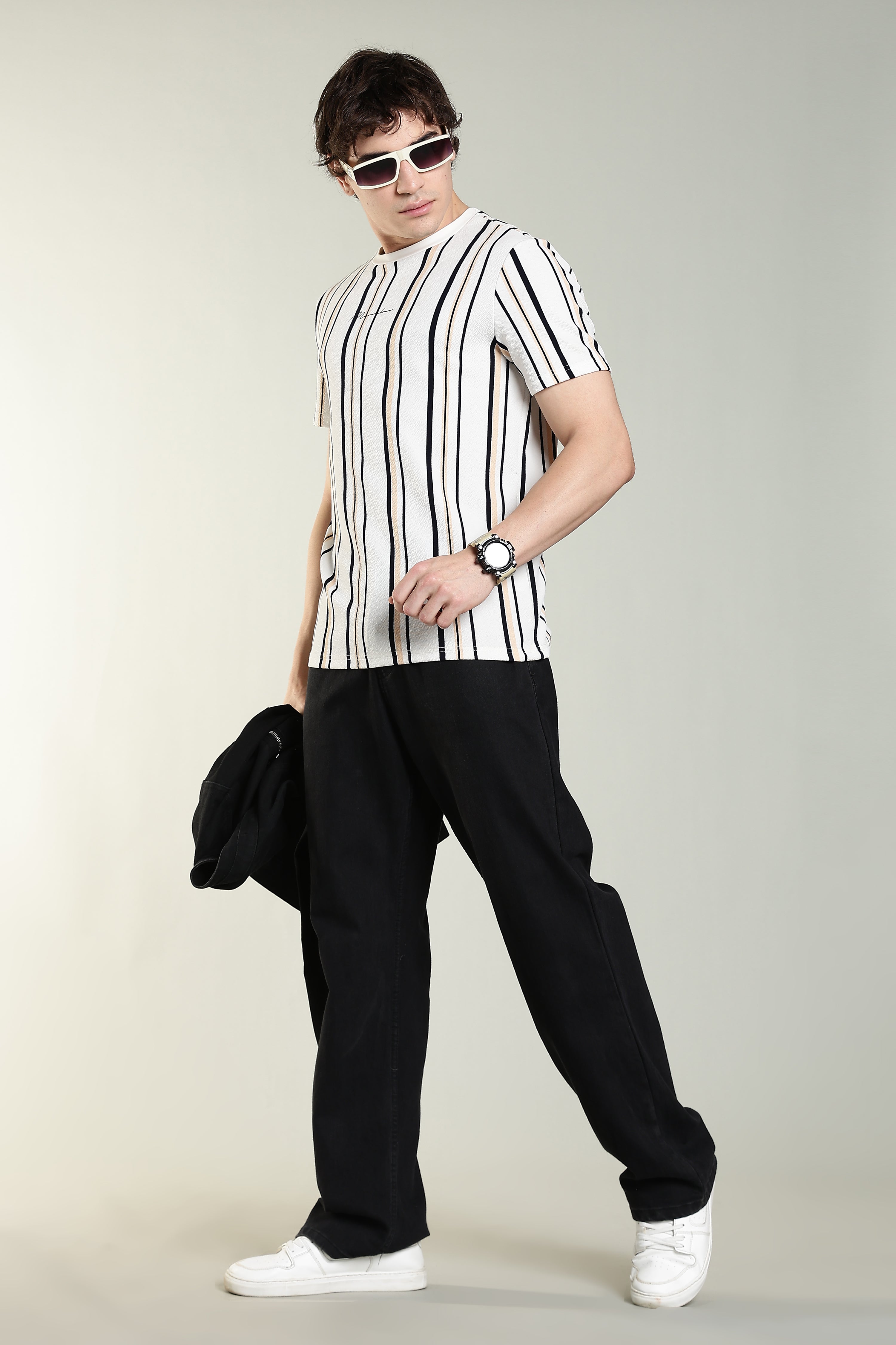 Striped Casual T-Shirt – White with Black & Beige Stripes