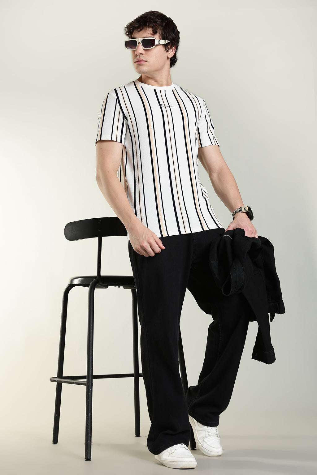 Striped Casual T-Shirt – White with Black & Beige Stripes