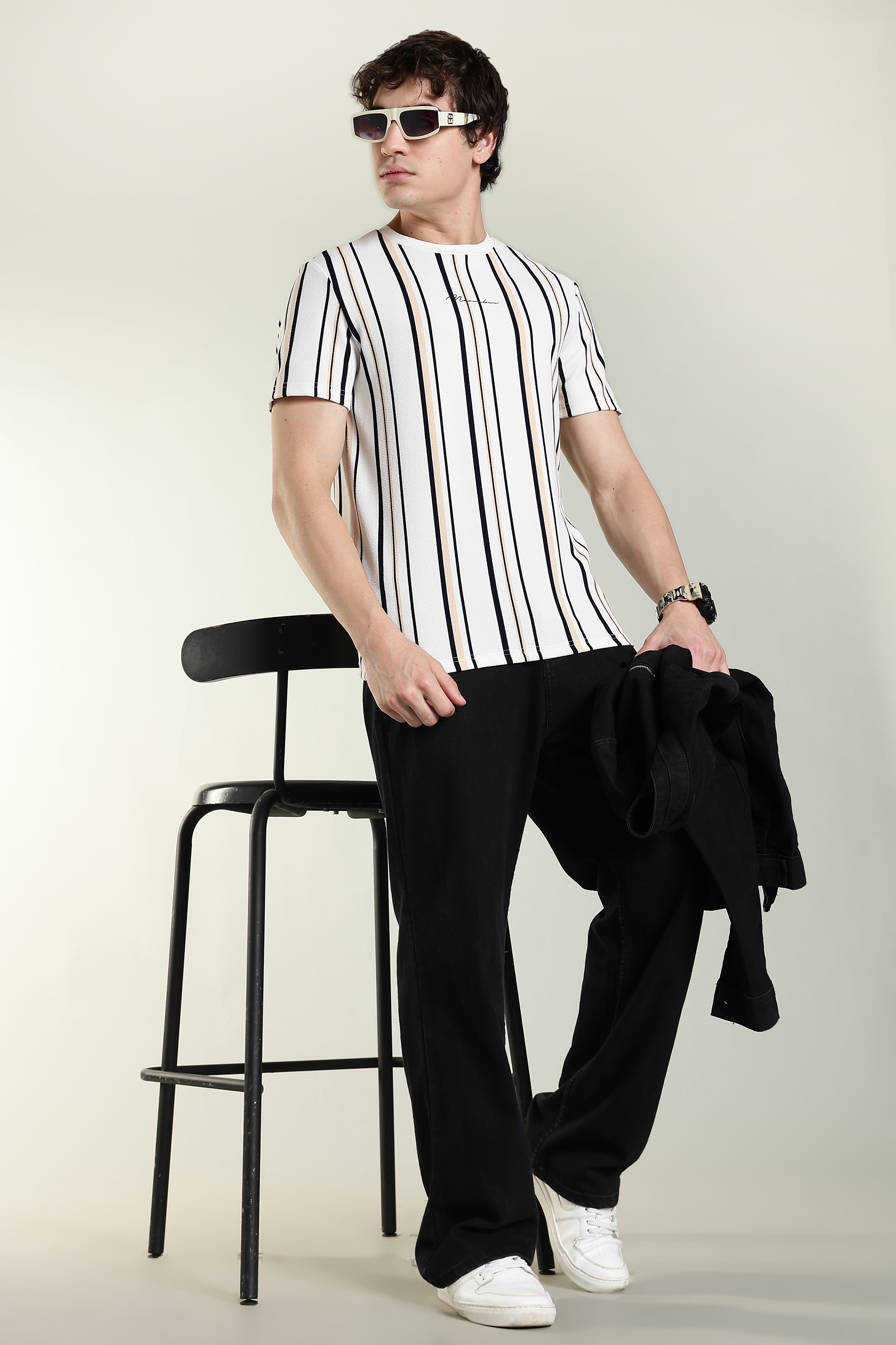 Striped Casual T-Shirt – White with Black & Beige Stripes