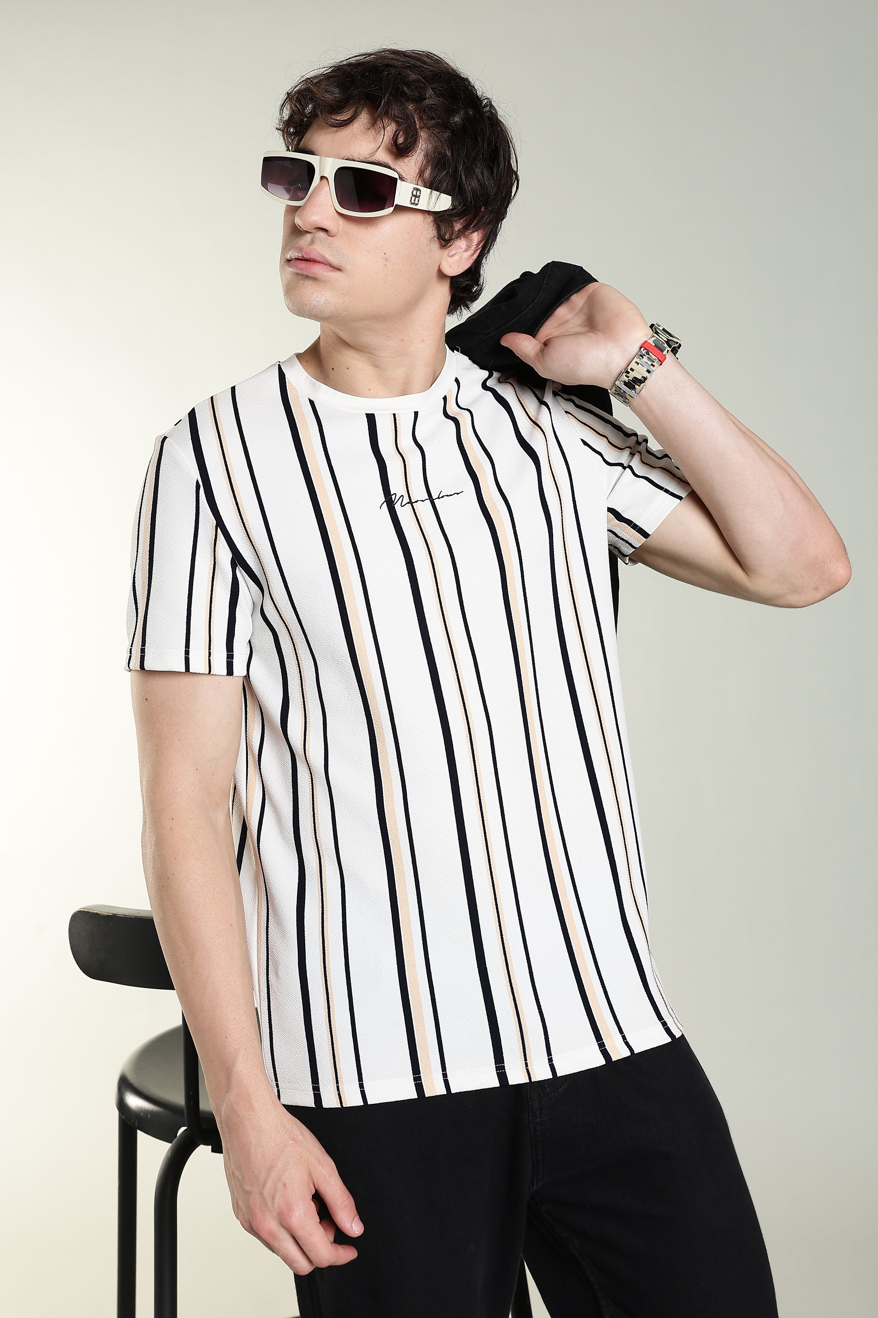 Striped Casual T-Shirt – White with Black & Beige Stripes