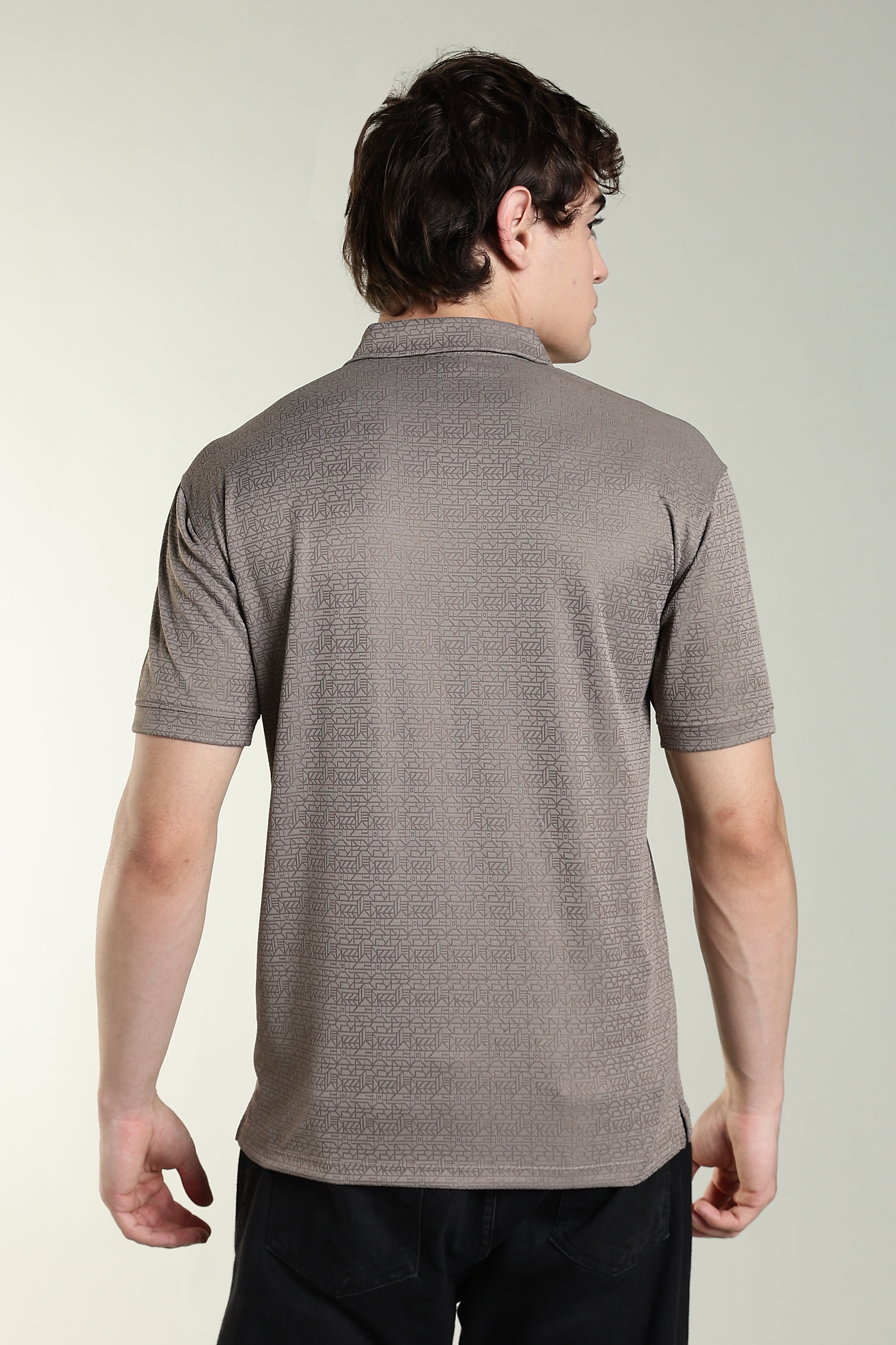 Premium Geometric Print Polo T-Shirt – Taupe Grey