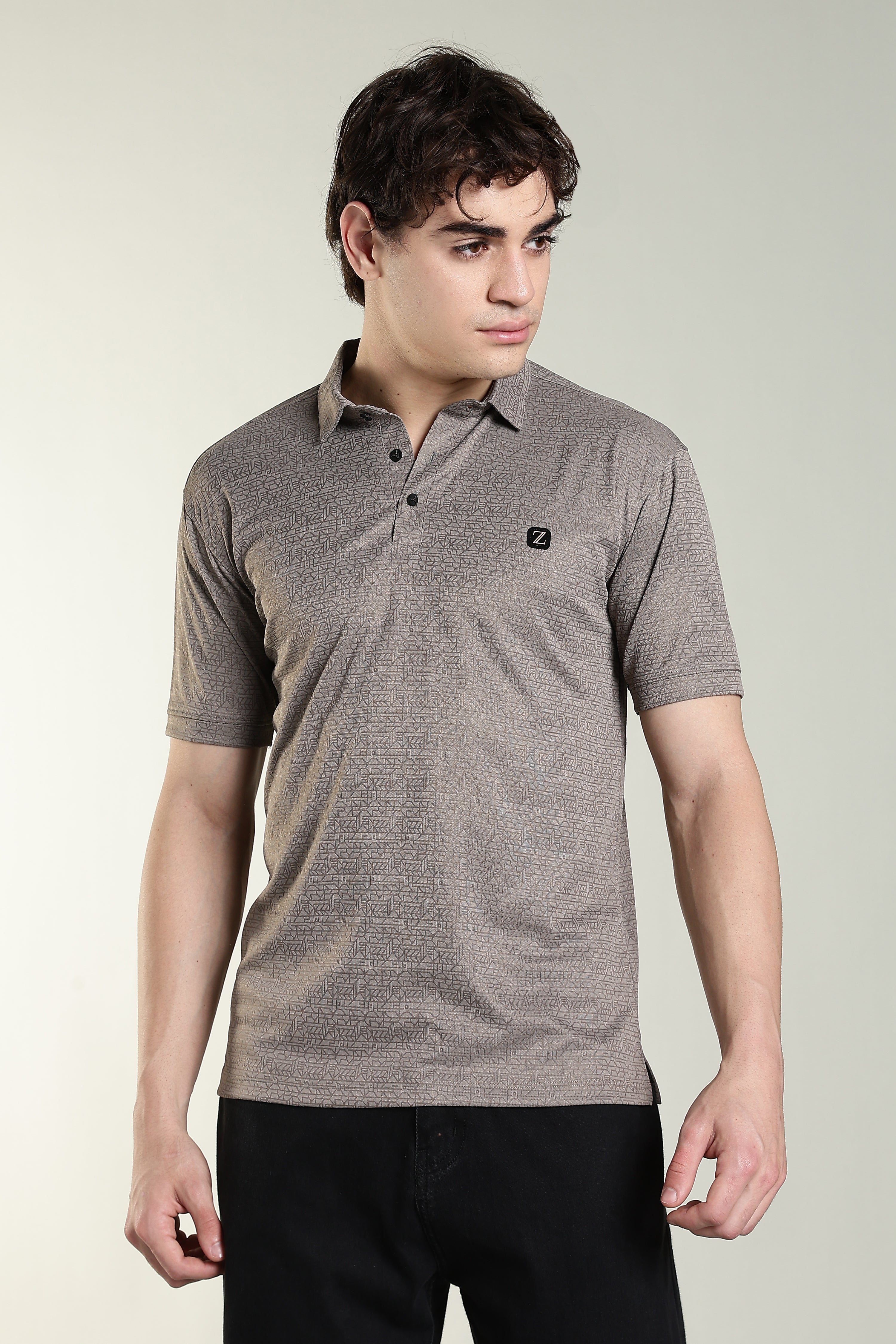 Premium Geometric Print Polo T-Shirt – Taupe Grey