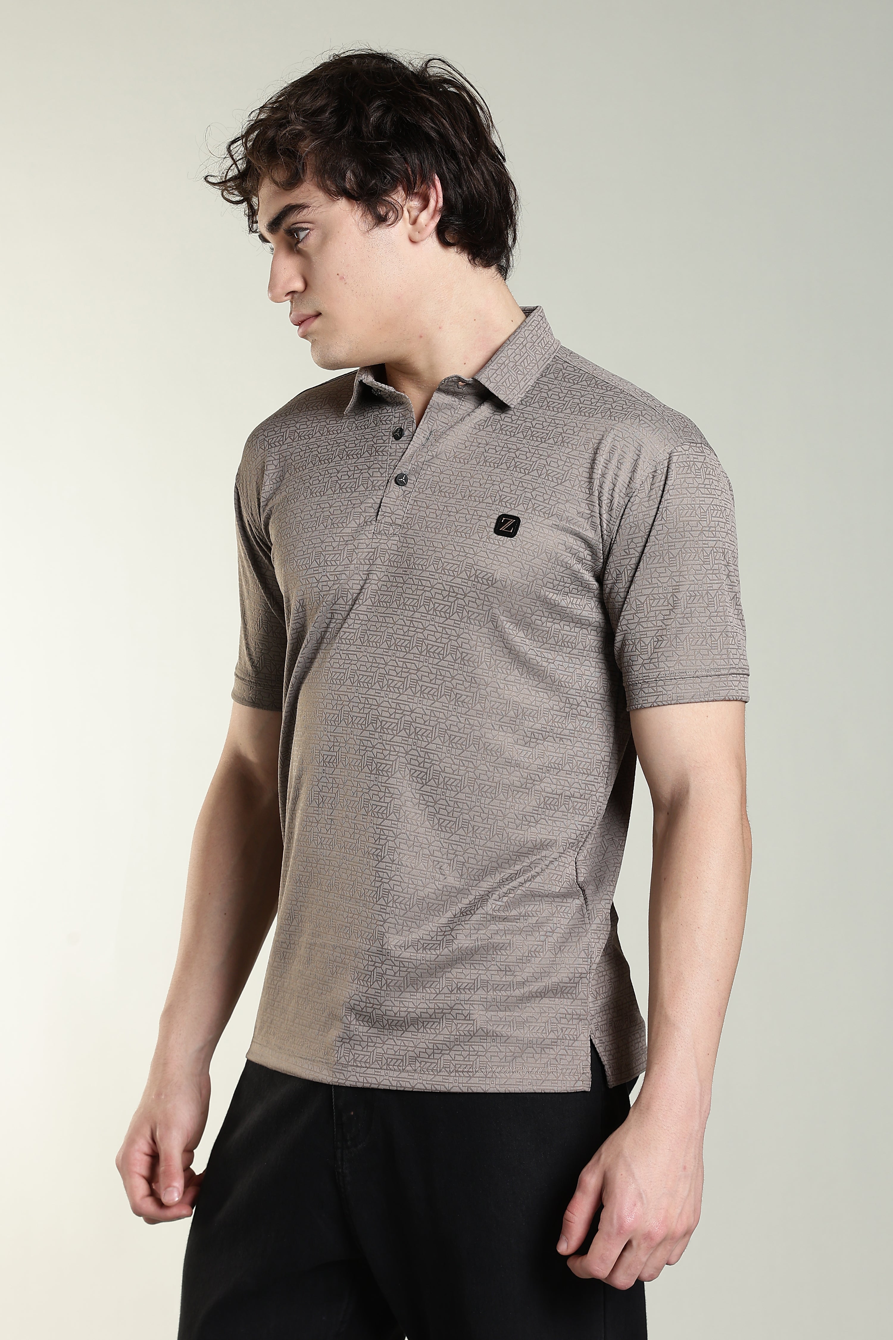 Premium Geometric Print Polo T-Shirt – Taupe Grey