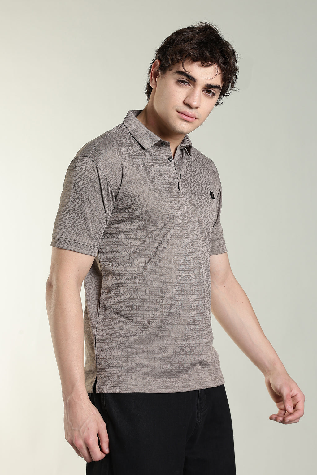 Premium Geometric Print Polo T-Shirt – Taupe Grey