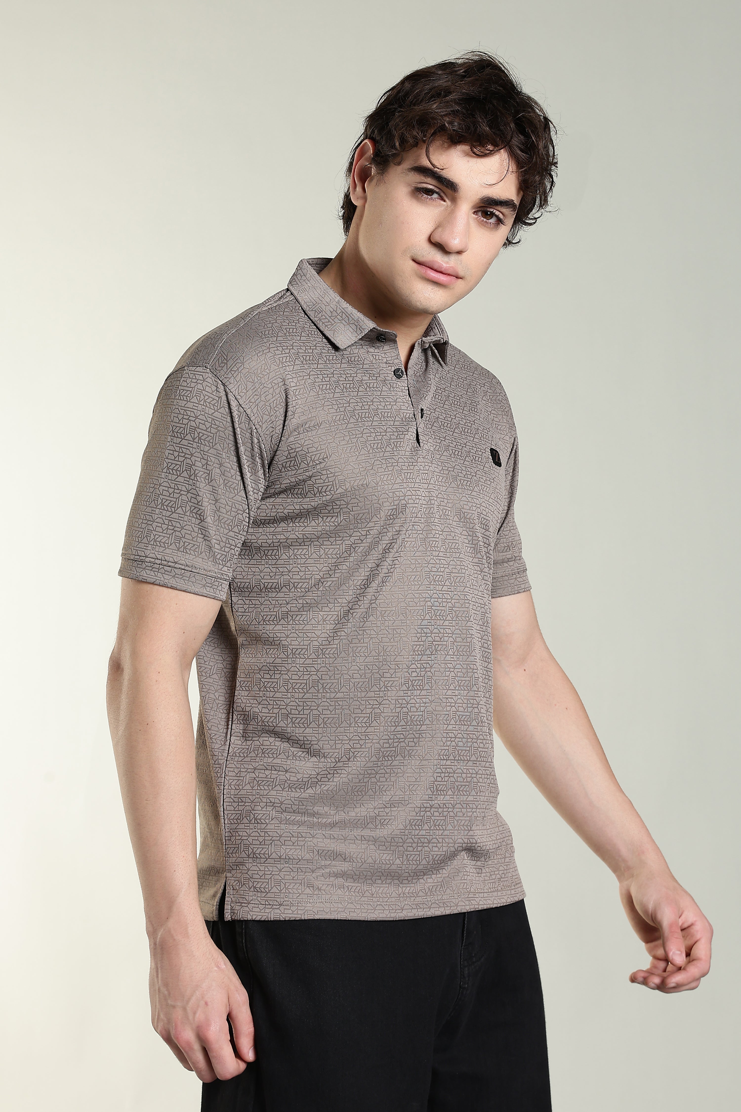 Premium Geometric Print Polo T-Shirt – Taupe Grey