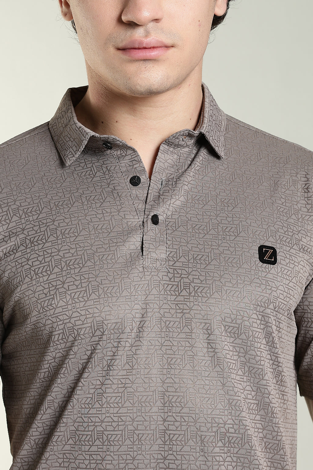 Premium Geometric Print Polo T-Shirt – Taupe Grey