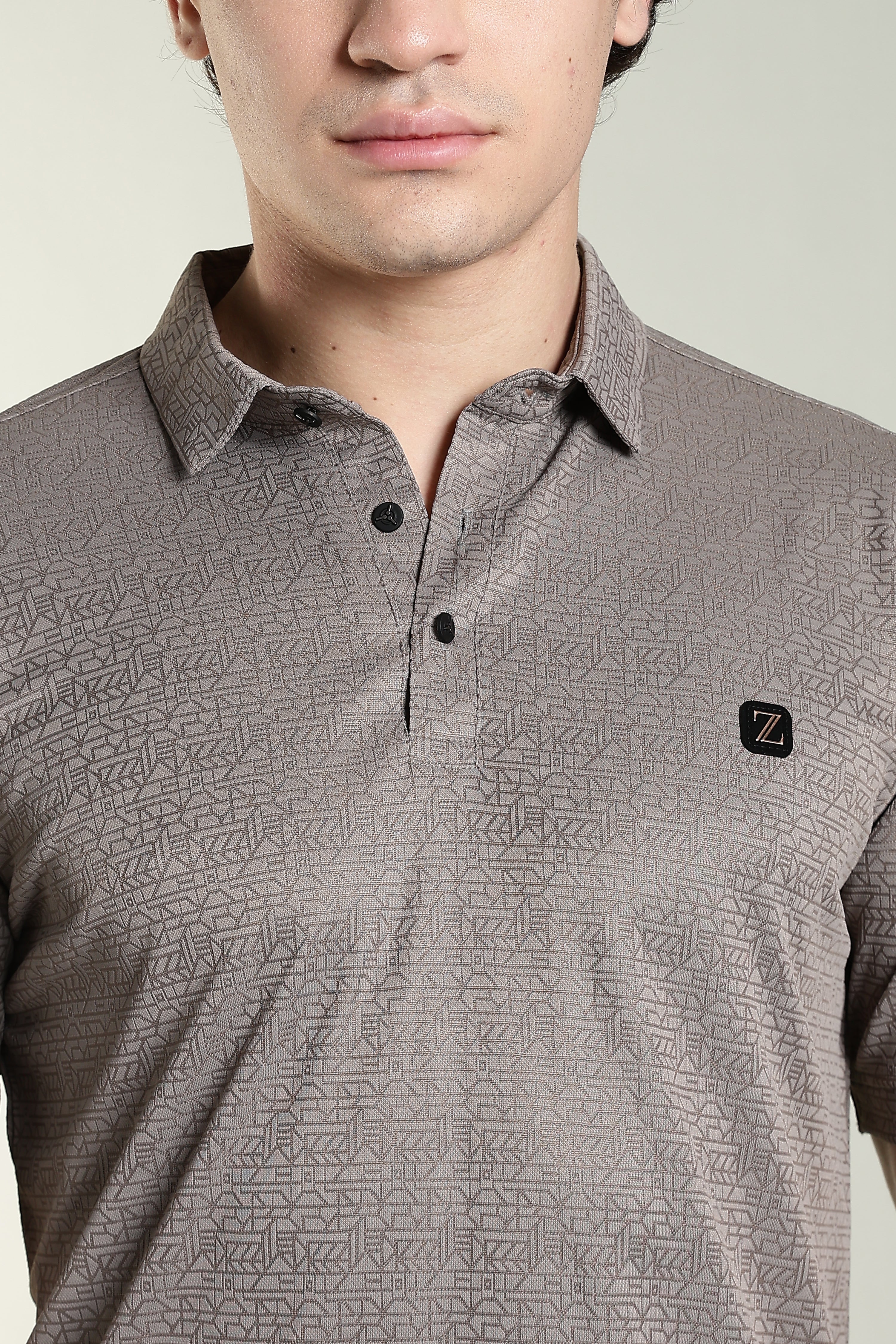 Premium Geometric Print Polo T-Shirt – Taupe Grey