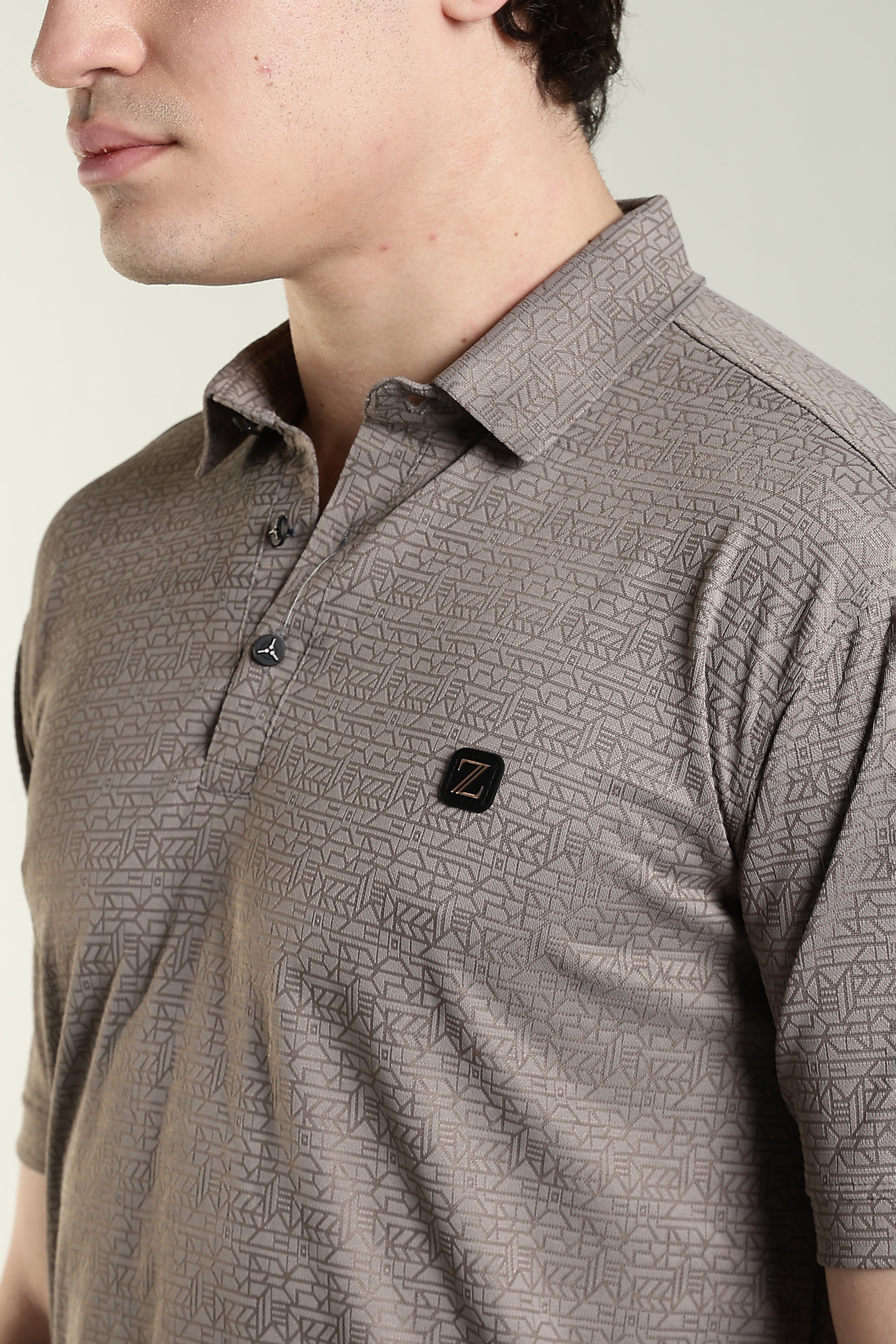Premium Geometric Print Polo T-Shirt – Taupe Grey