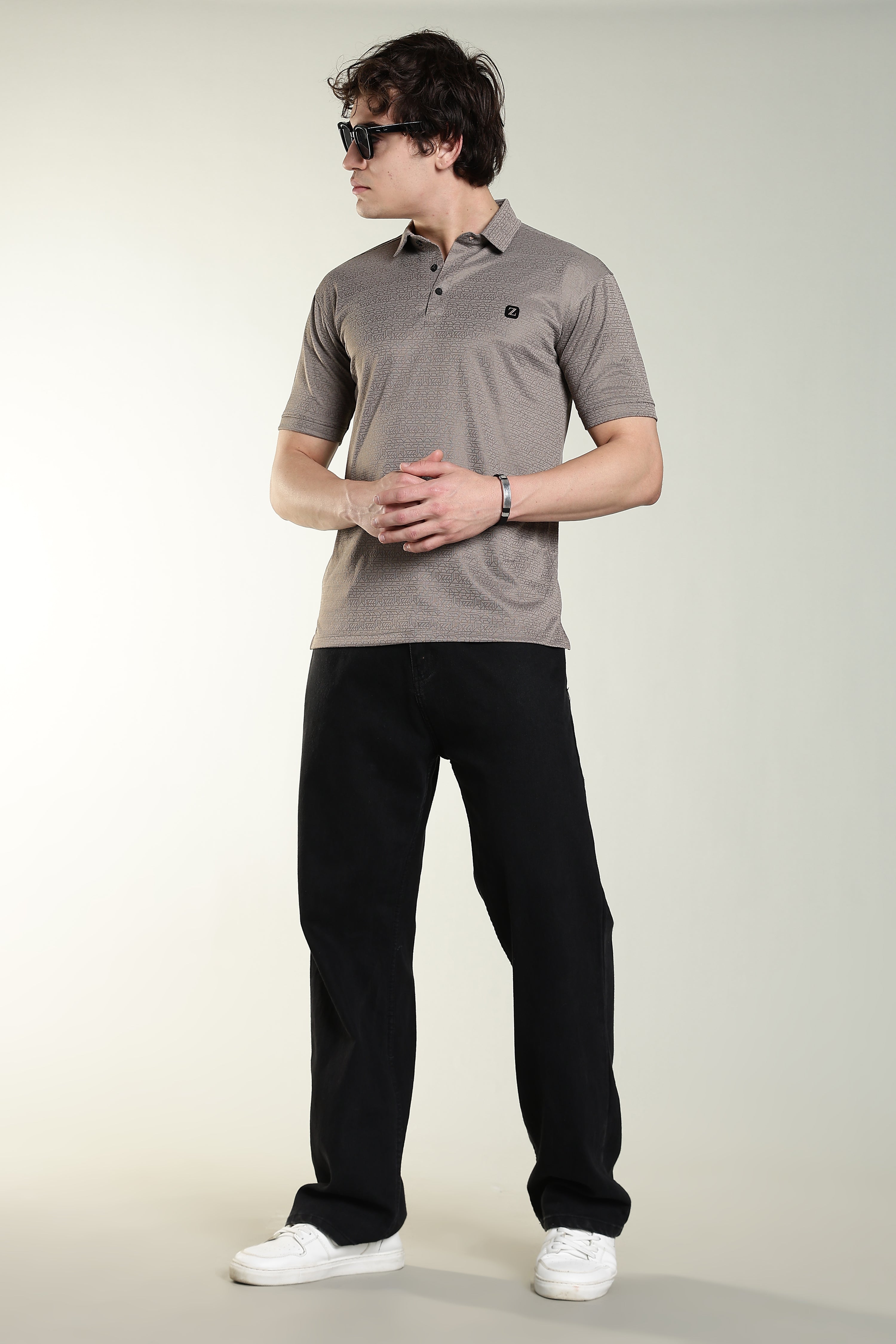 Premium Geometric Print Polo T-Shirt – Taupe Grey