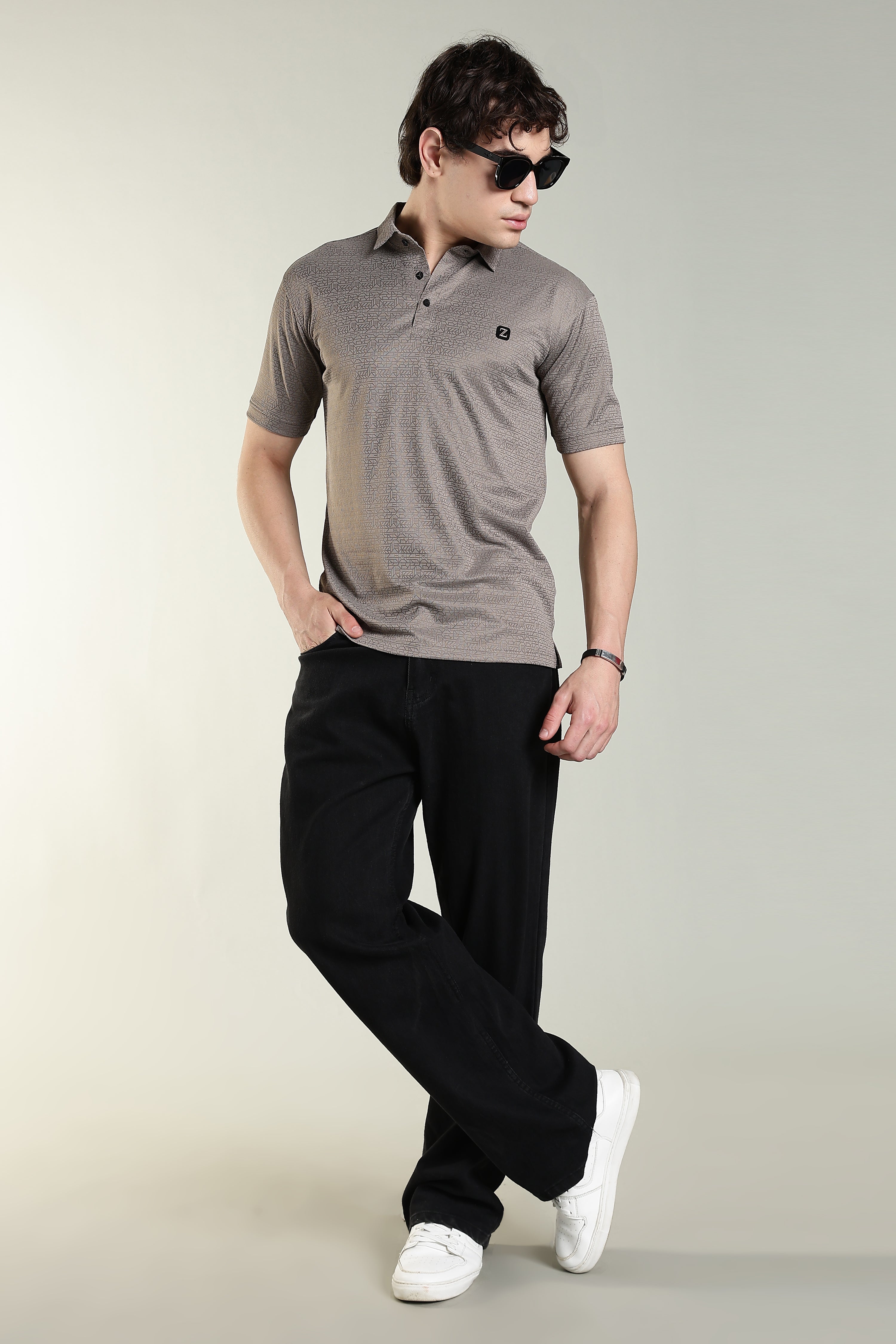 Premium Geometric Print Polo T-Shirt – Taupe Grey